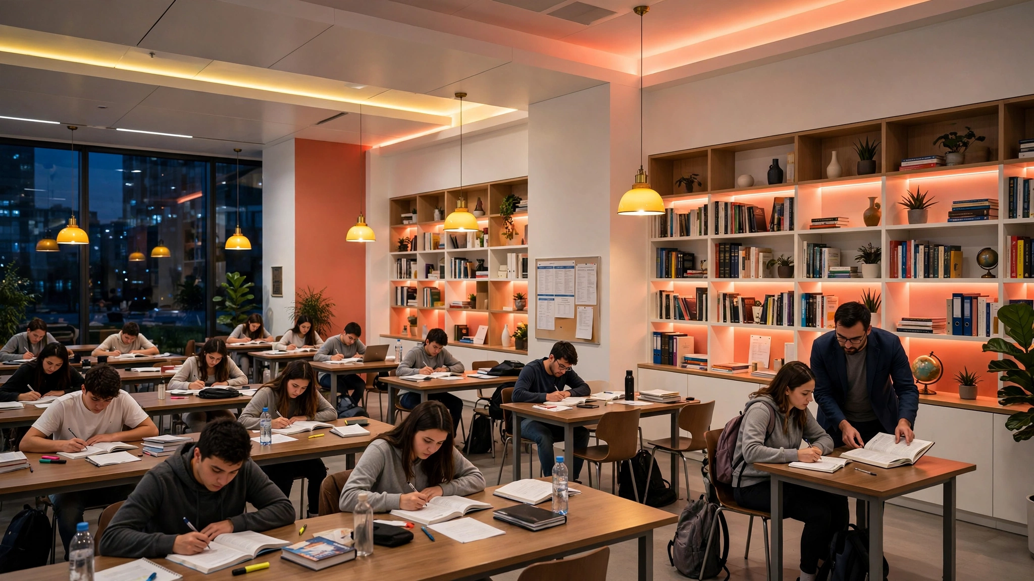 Students studying together in the Glorious Academy reading hall between classes